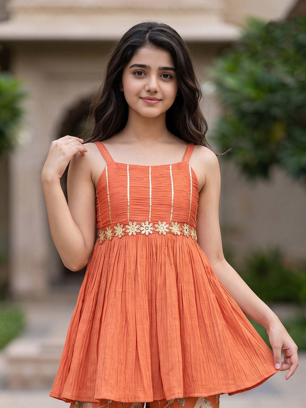 Orange soft cotton silk girls pant suit