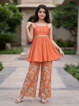Orange soft cotton silk girls pant suit