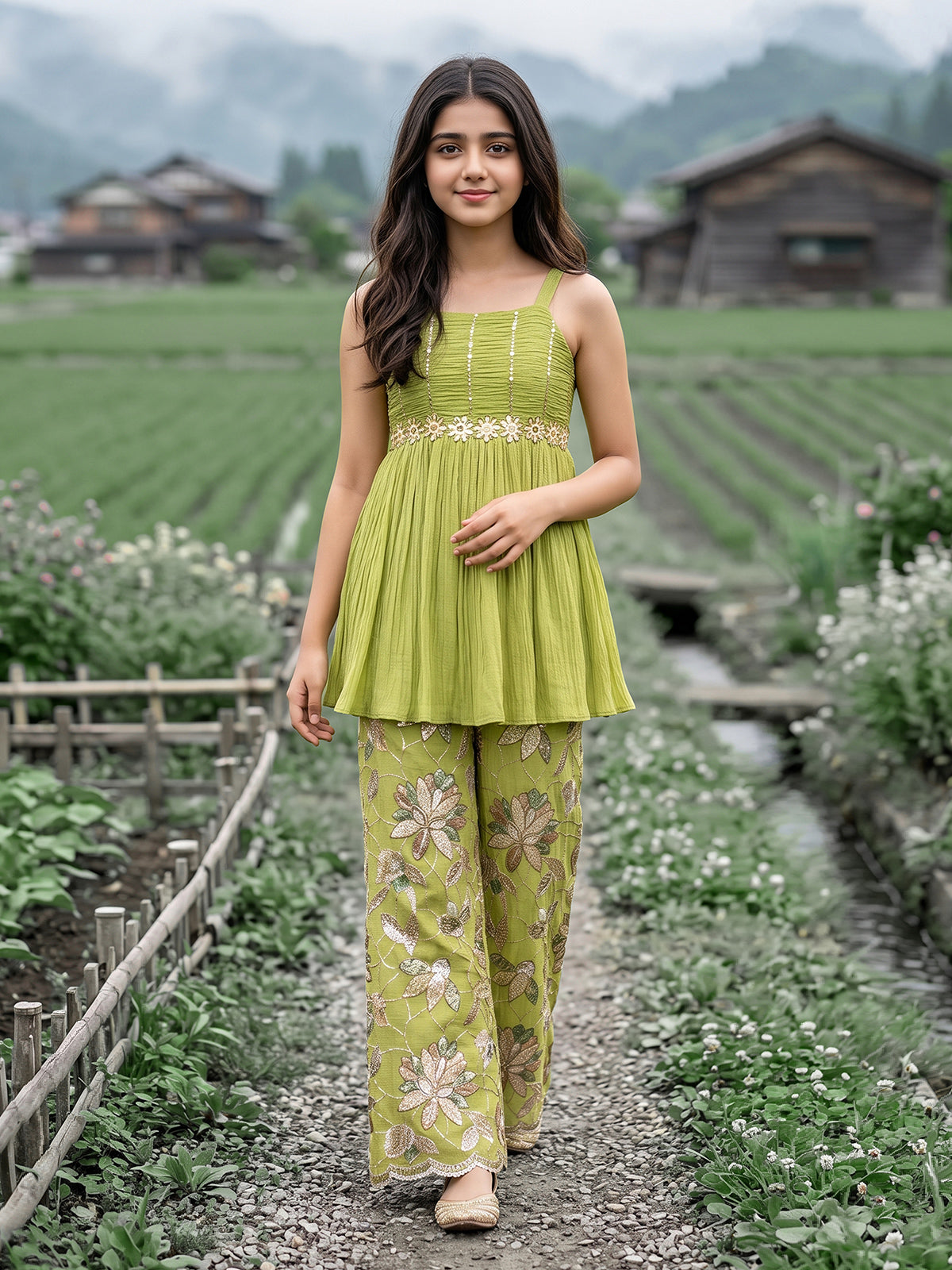 Green soft cotton silk girls pant suit