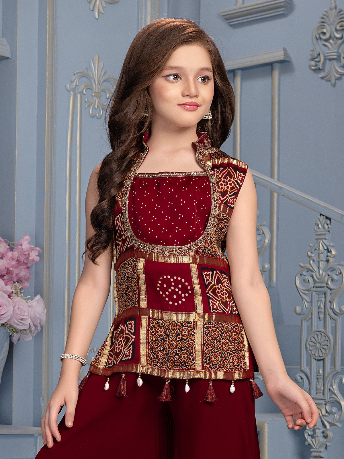 Maroon Bandhani printed girls designer palazzo suit
