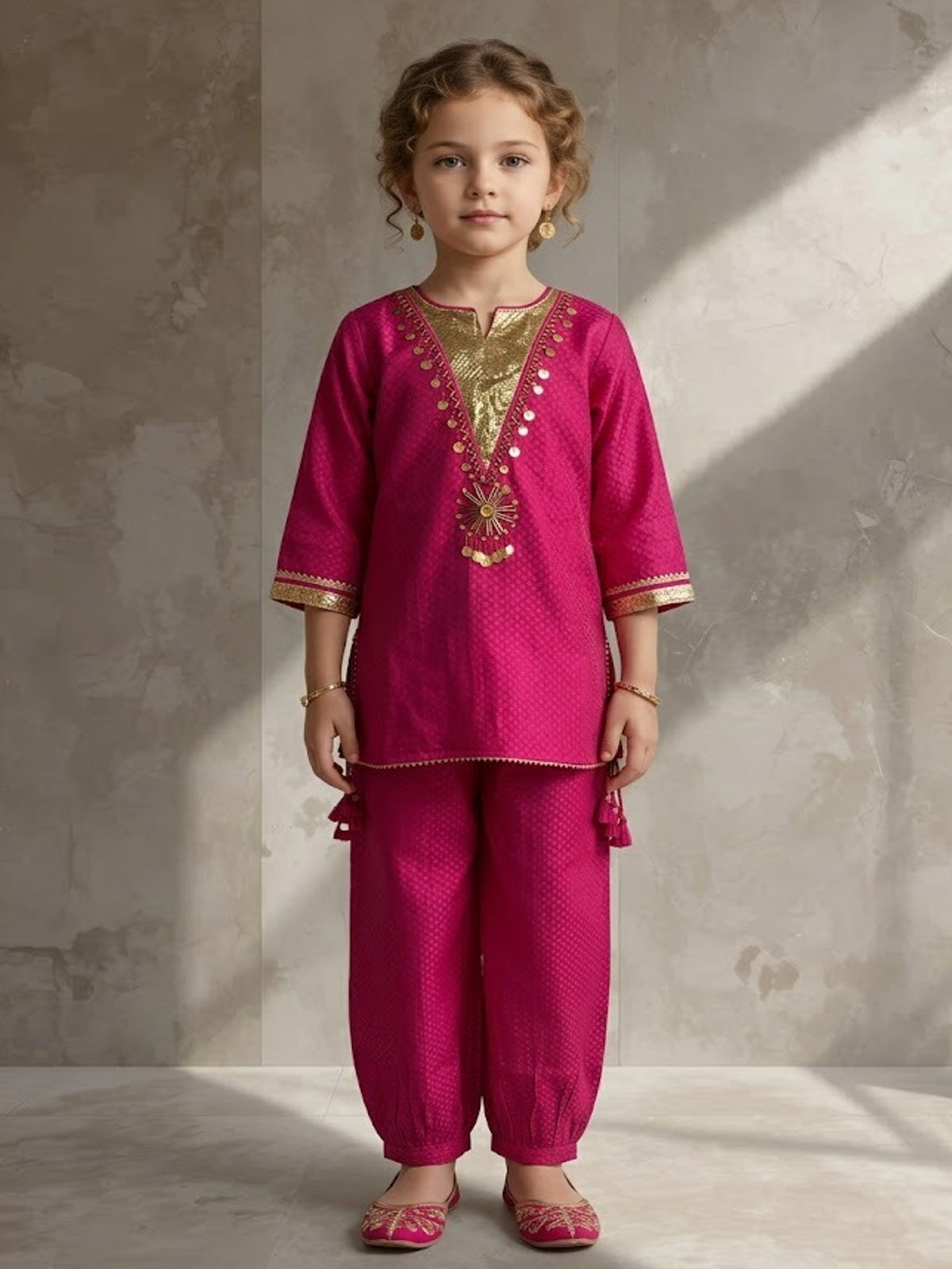 Rani pink embellished cotton silk girls salwar suit