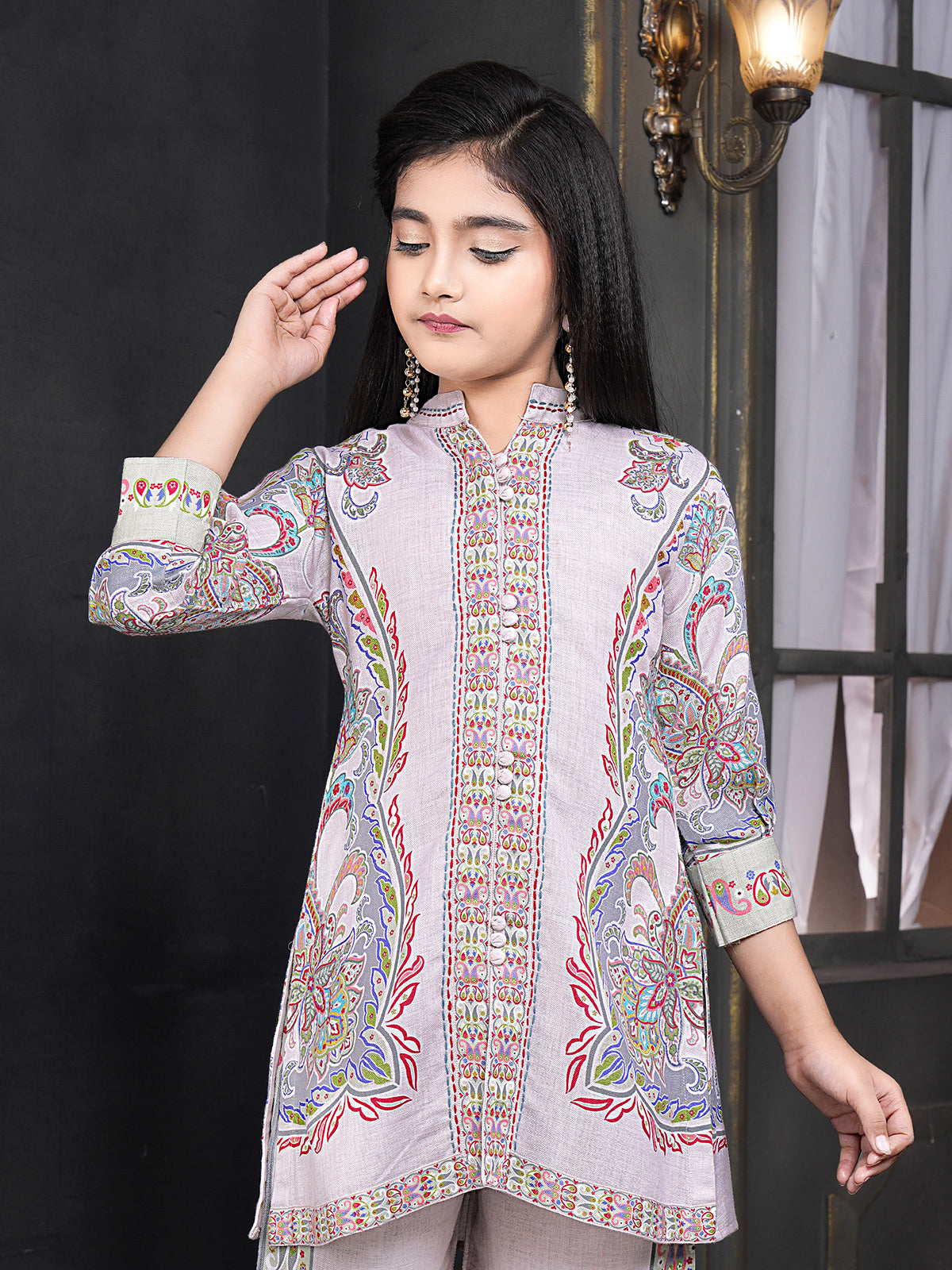 Off white printed cotton linen girls pant suit