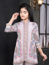 Off white printed cotton linen girls pant suit