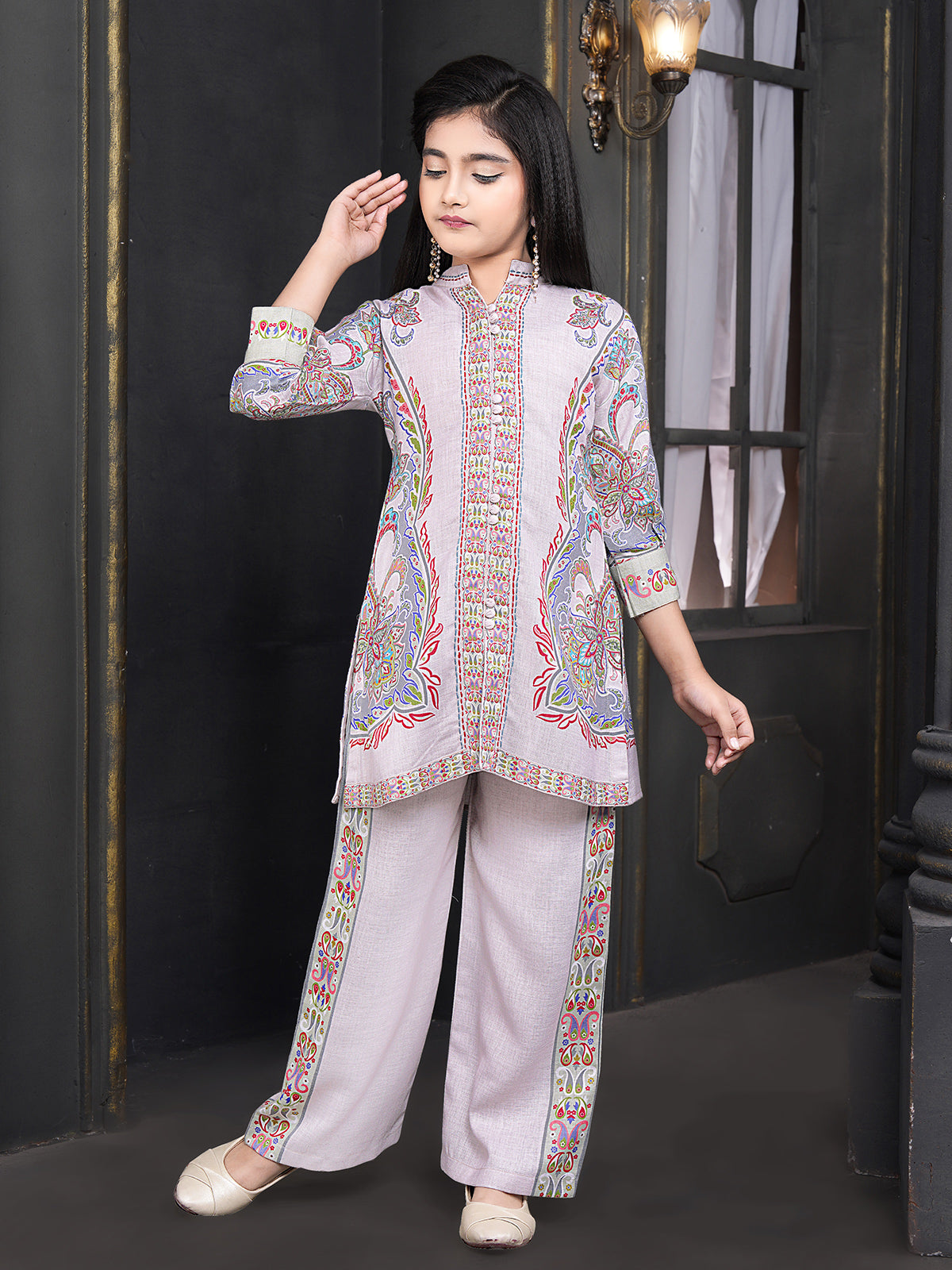 Off white printed cotton linen girls pant suit
