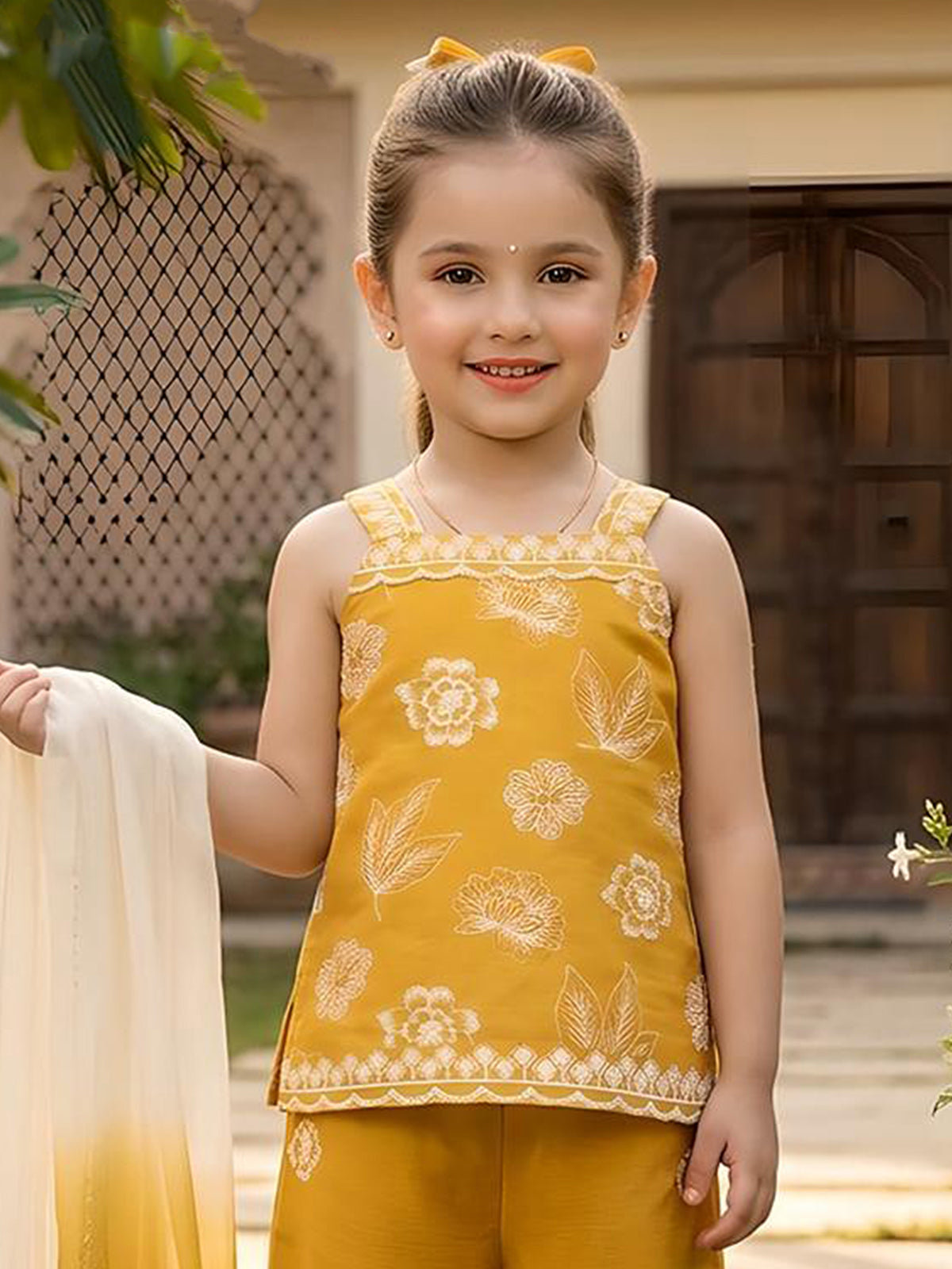 Mustard yellow cotton silk girls palazzo suit