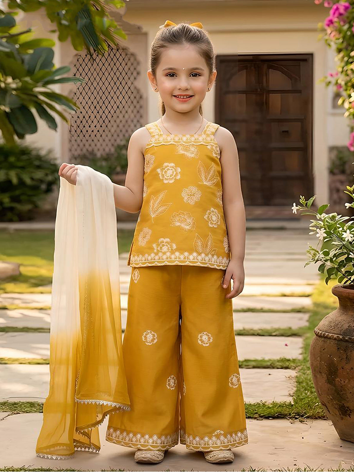 Mustard yellow cotton silk girls palazzo suit