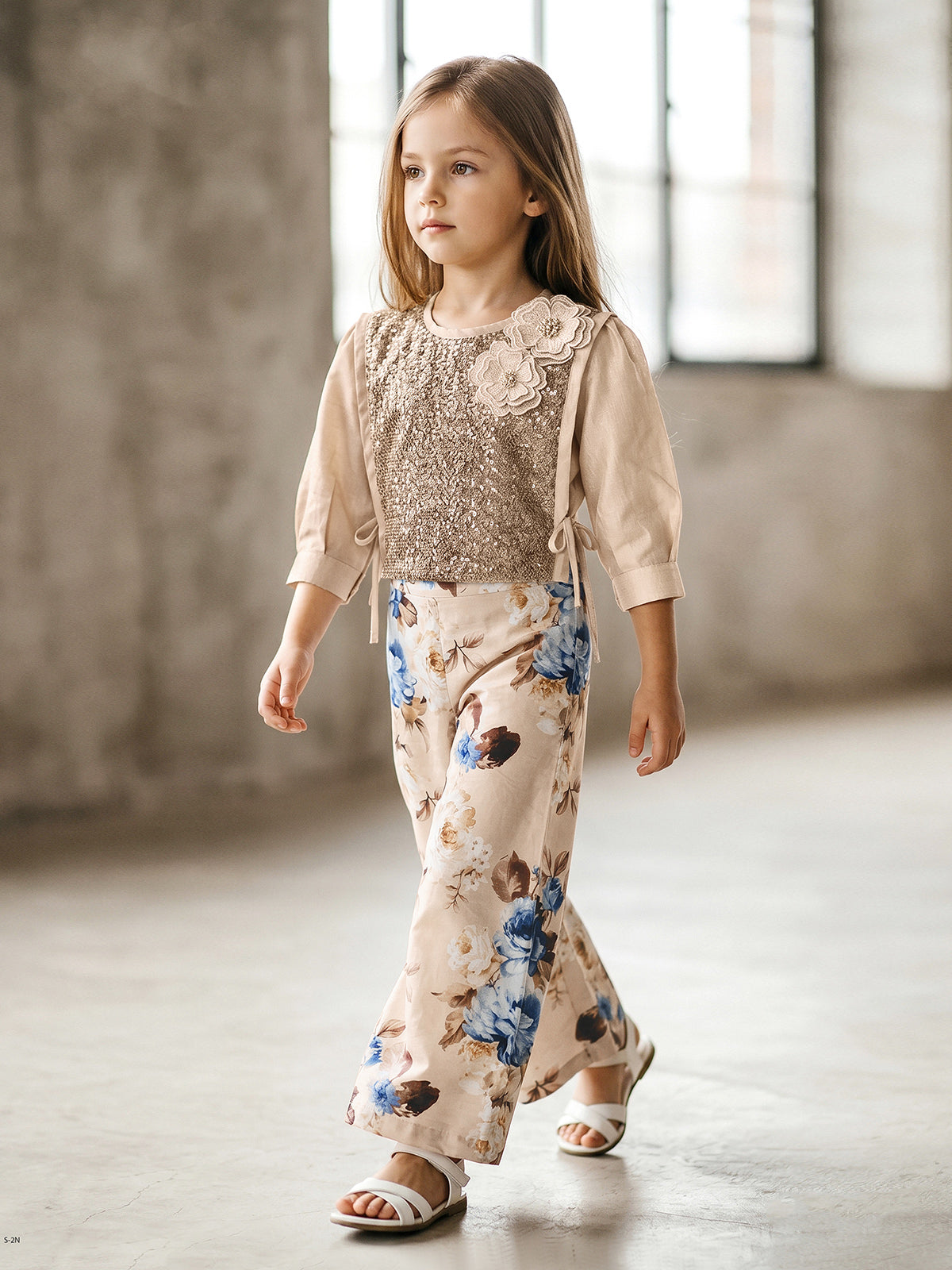 Cream sequin floral girls co-ord set