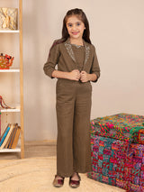 Brown embellished girls co-ord set with jacket