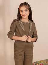 Brown embellished girls co-ord set with jacket