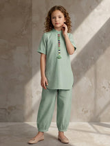 Pista green embroidered girls co-ord set