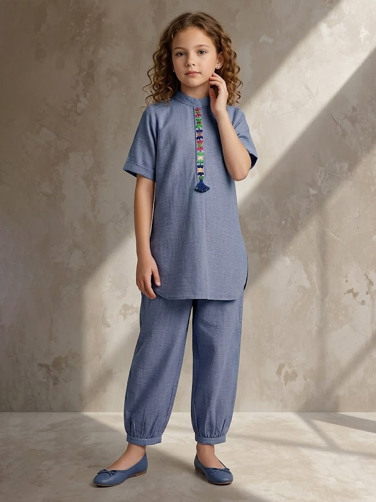 Stone blue embroidered girls co-ord set