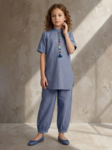 Stone blue embroidered girls co-ord set