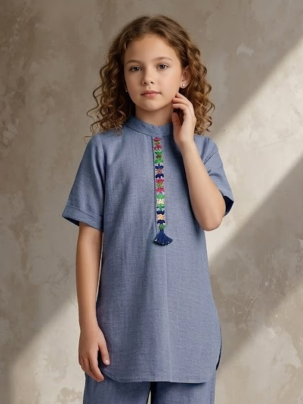 Stone blue embroidered girls co-ord set