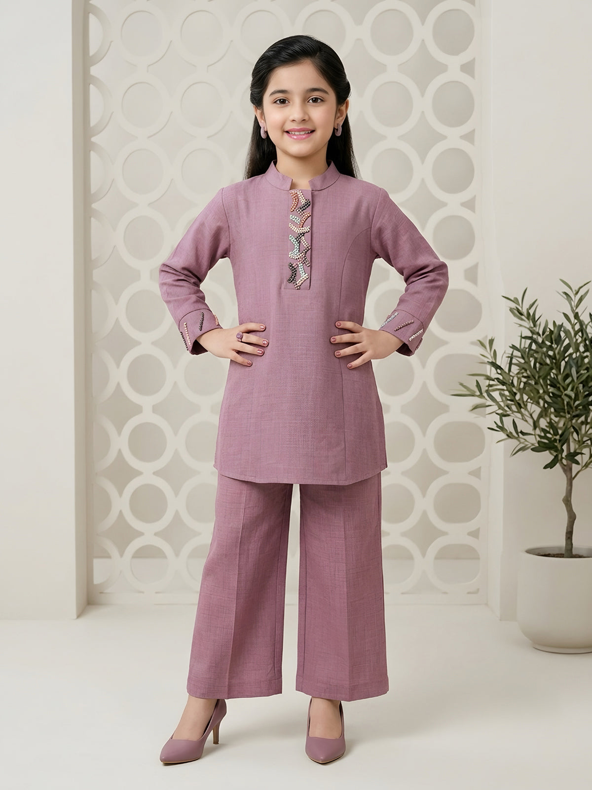 Dusty pink embroidered girls co-ord set