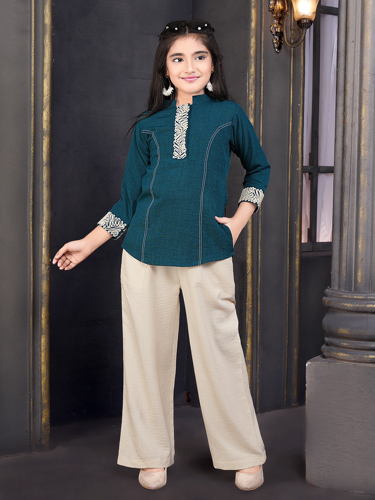 Rama blue embroidered girls co-ord set