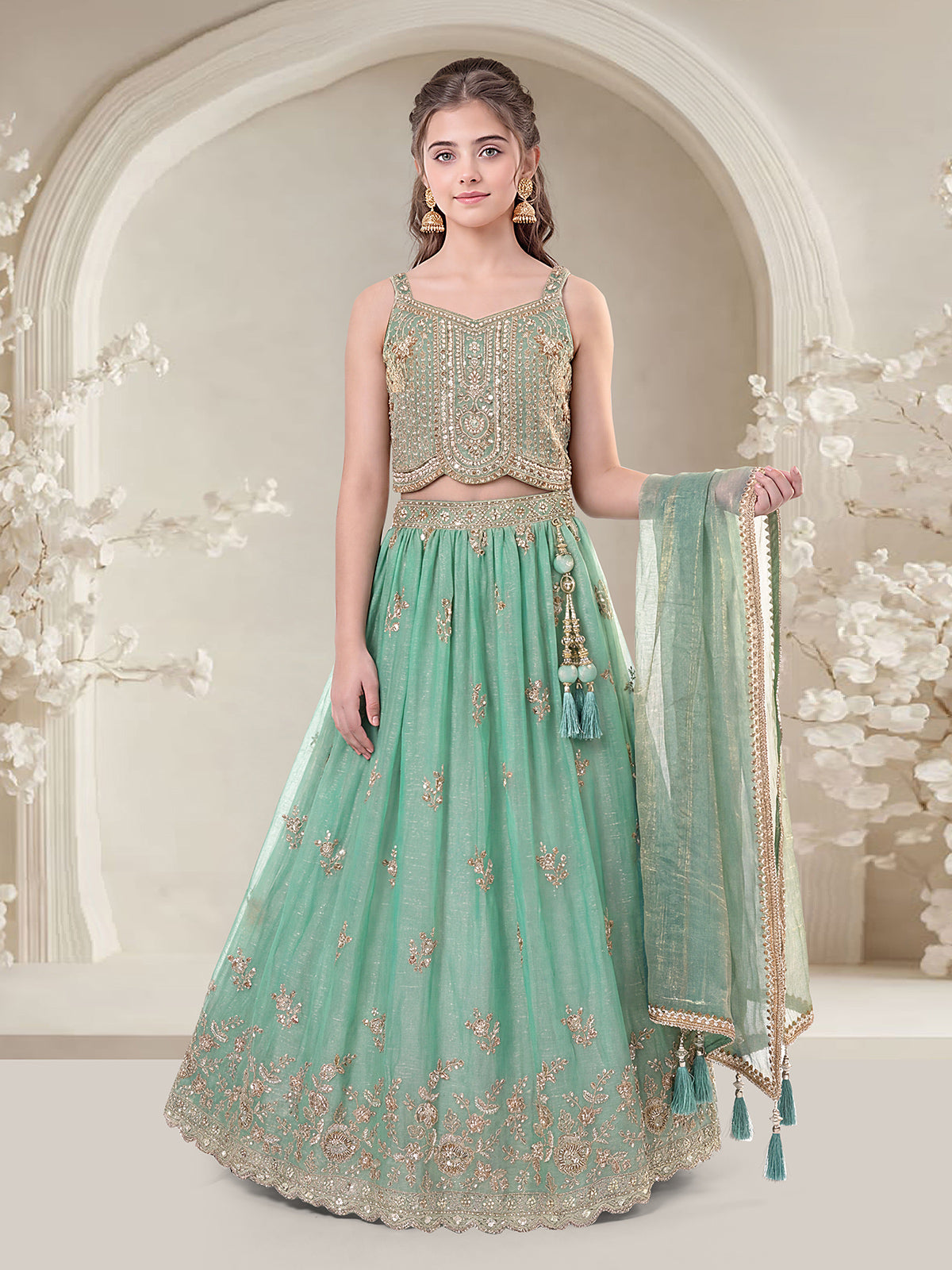 Green zardosi festive girls lehenga choli