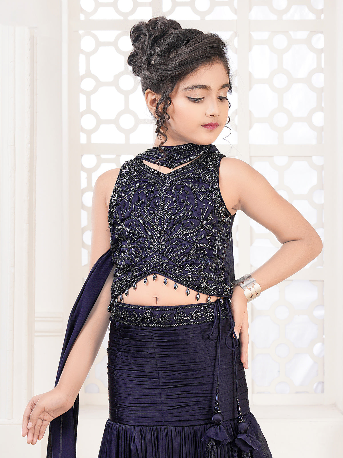 Blue crystal embellished girls lehenga choli