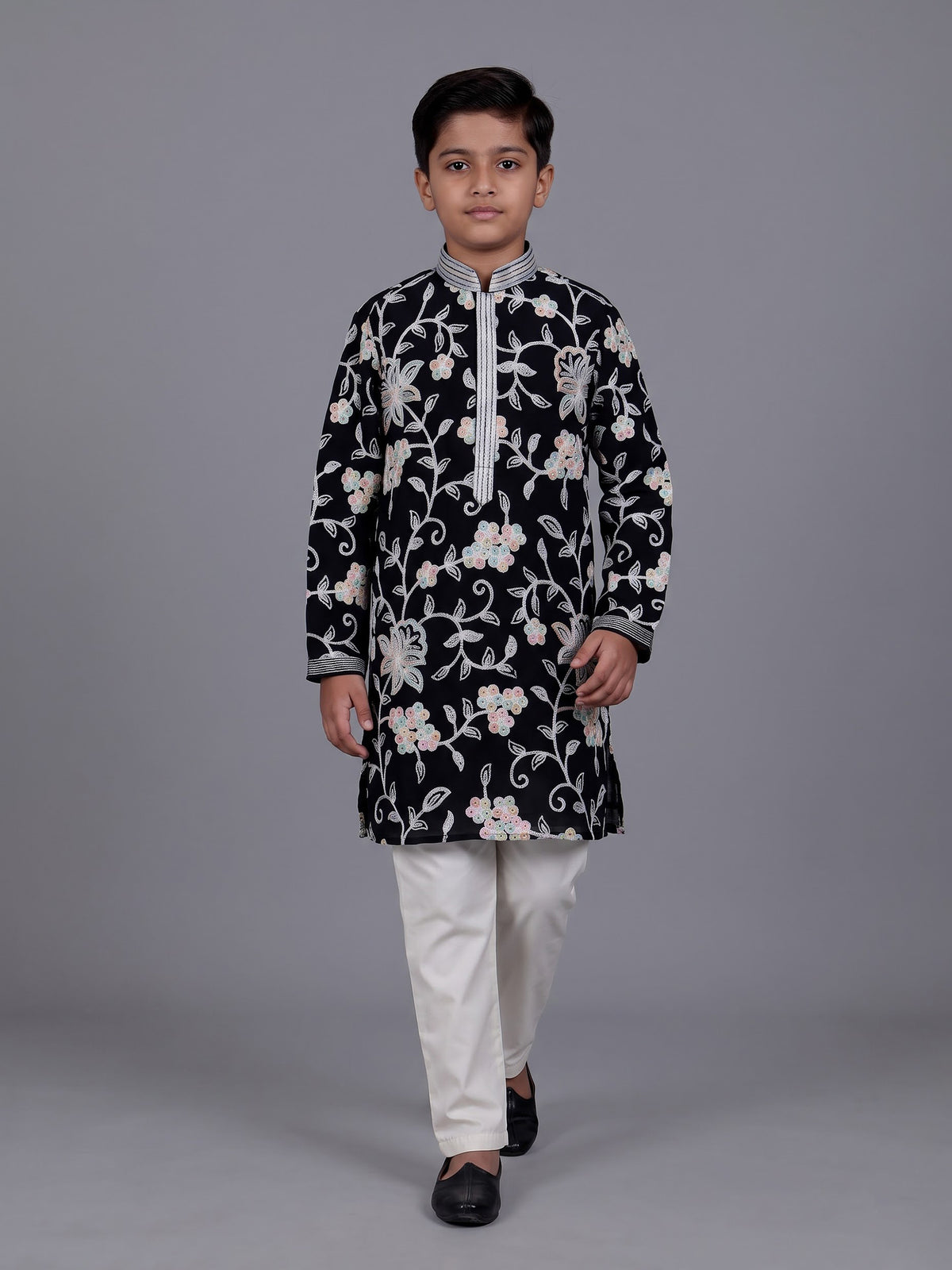 Black boys georgette kurta suit with contrasting floral threadwork