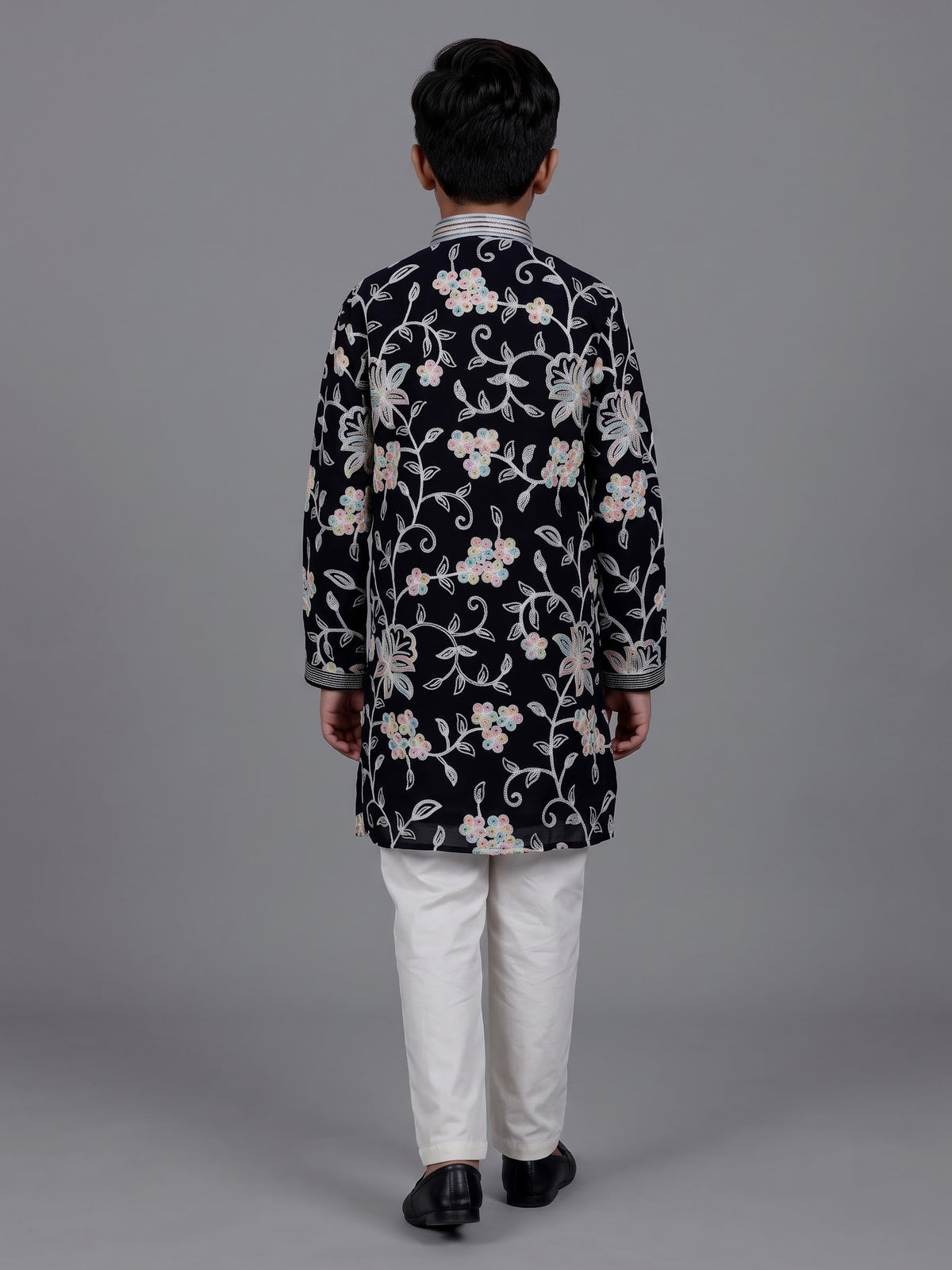 Black boys georgette kurta suit with contrasting floral threadwork