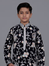 Black boys georgette kurta suit with contrasting floral threadwork