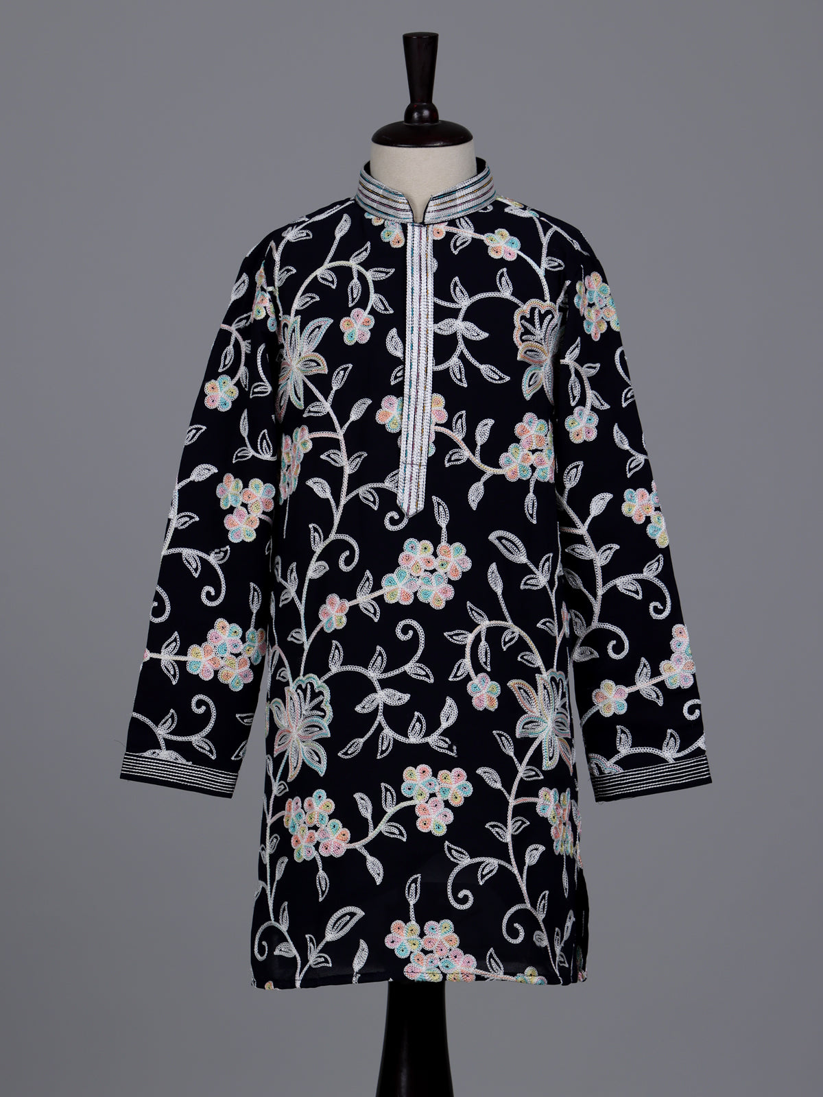 Black boys georgette kurta suit with contrasting floral threadwork