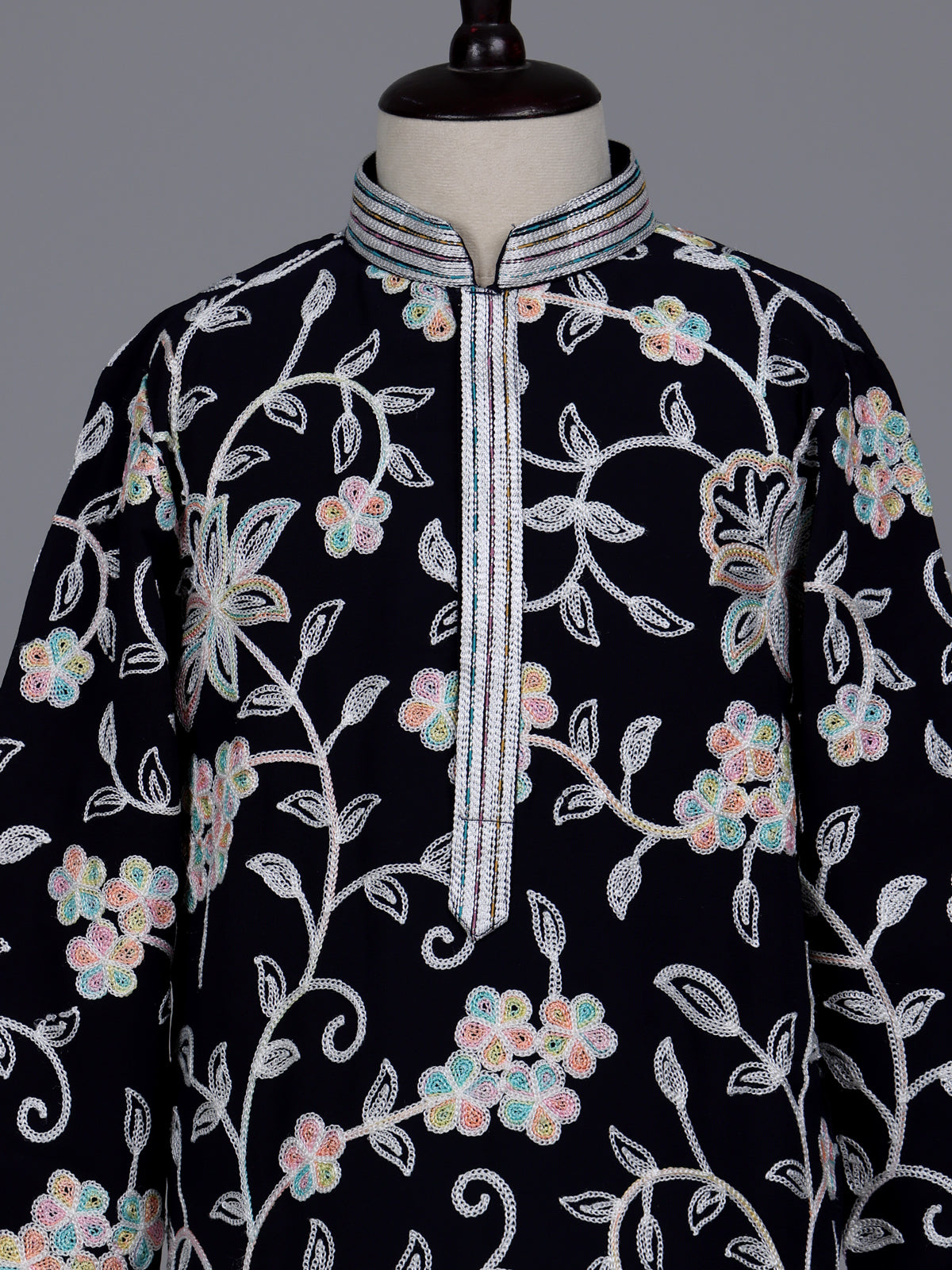 Black boys georgette kurta suit with contrasting floral threadwork