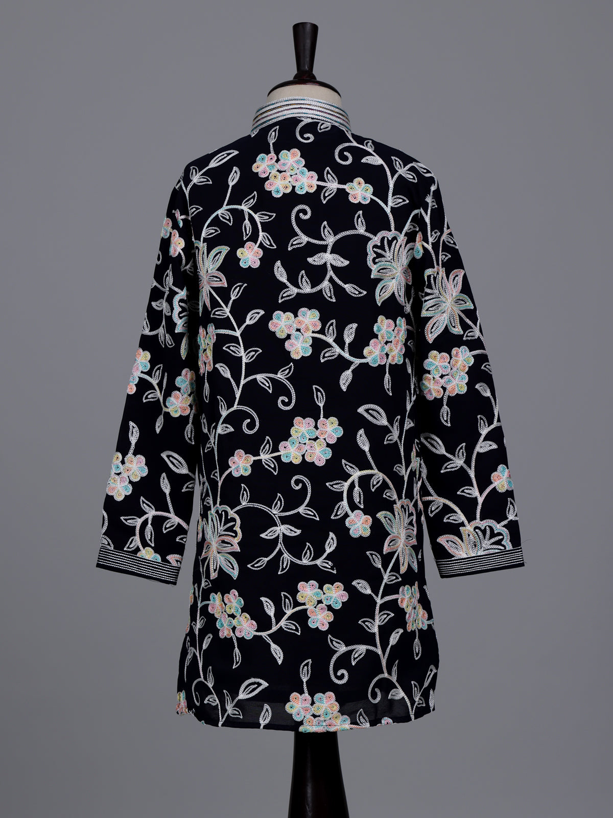 Black boys georgette kurta suit with contrasting floral threadwork