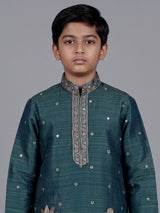 Peacock green boys Tussar silk blend kurta suit with aabla