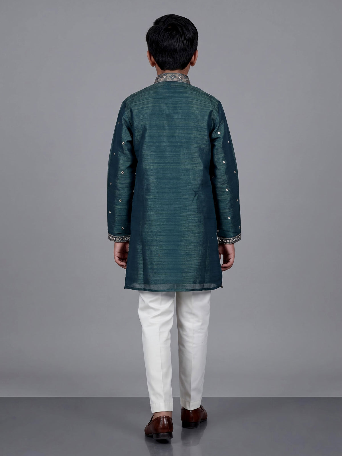 Peacock green boys Tussar silk blend kurta suit with aabla