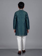 Peacock green boys Tussar silk blend kurta suit with aabla