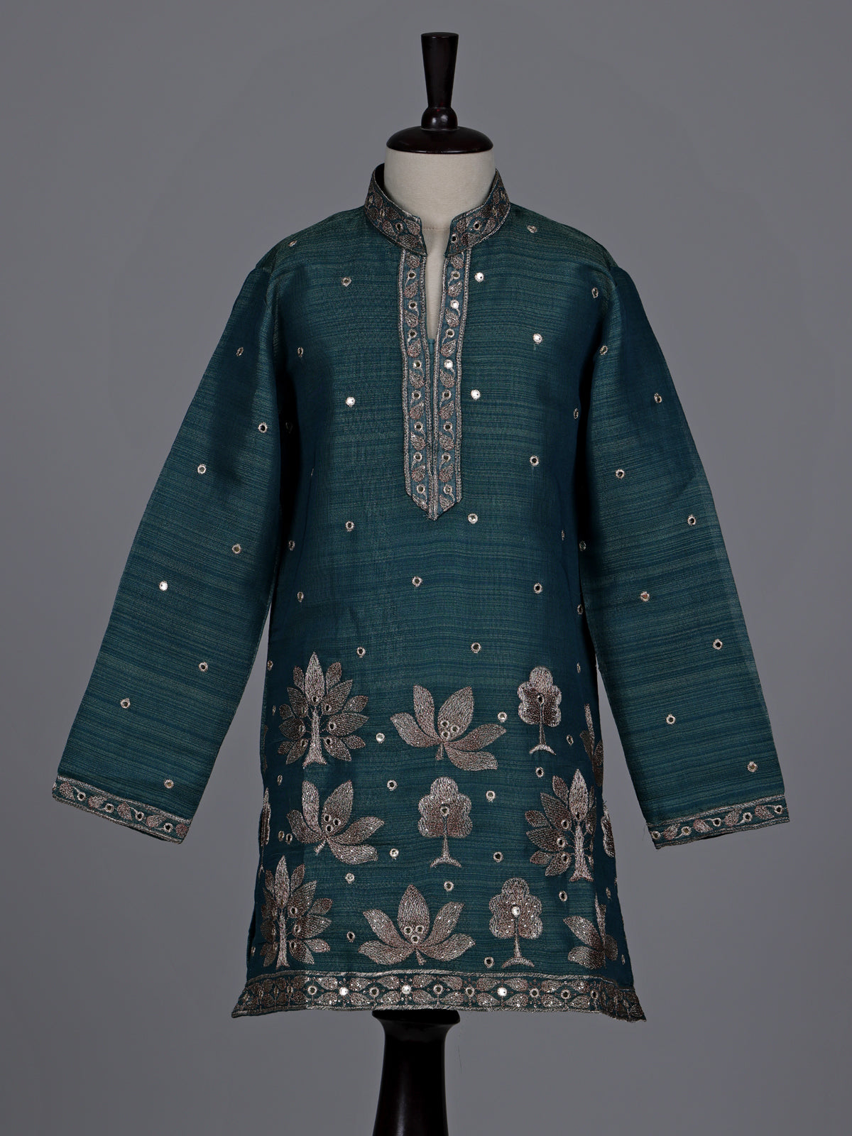 Peacock green boys Tussar silk blend kurta suit with aabla