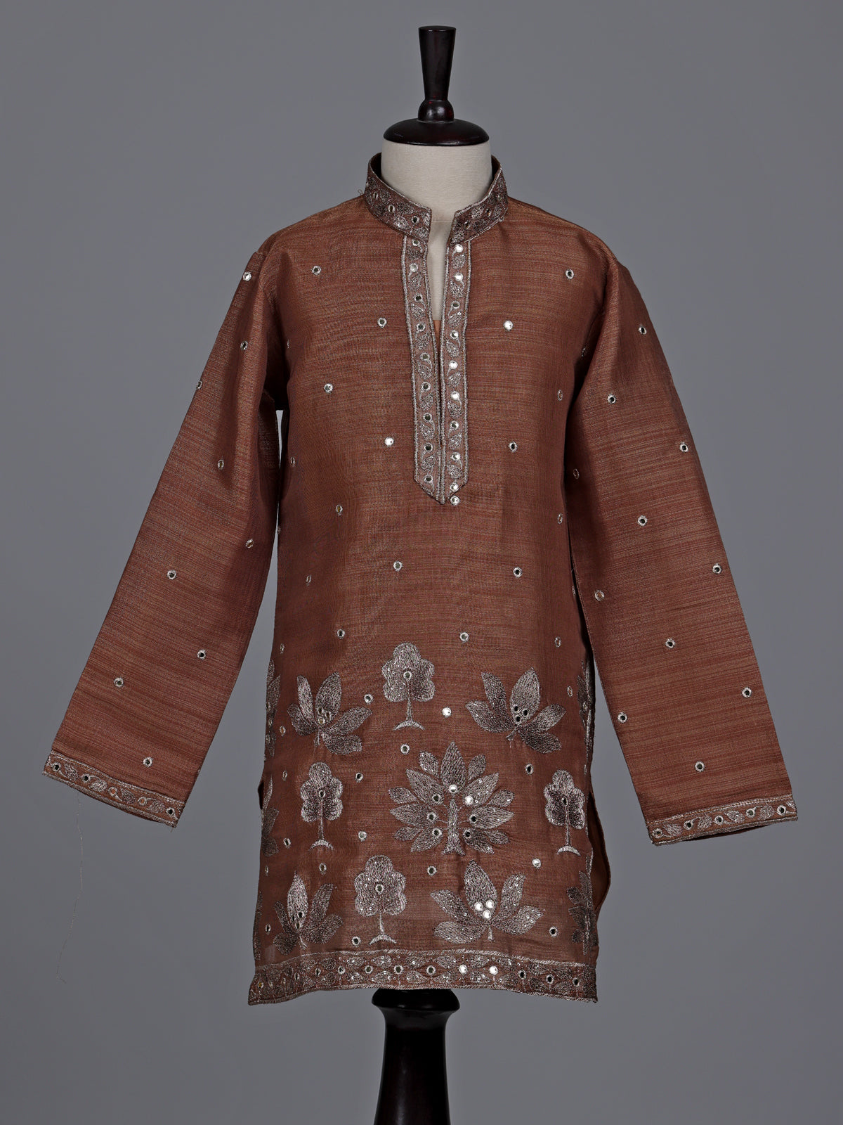 Brown boys Tussar silk blend kurta suit with aabla work