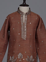 Brown boys Tussar silk blend kurta suit with aabla work