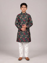 Teal green boys cotton silk kurta suit with floral work