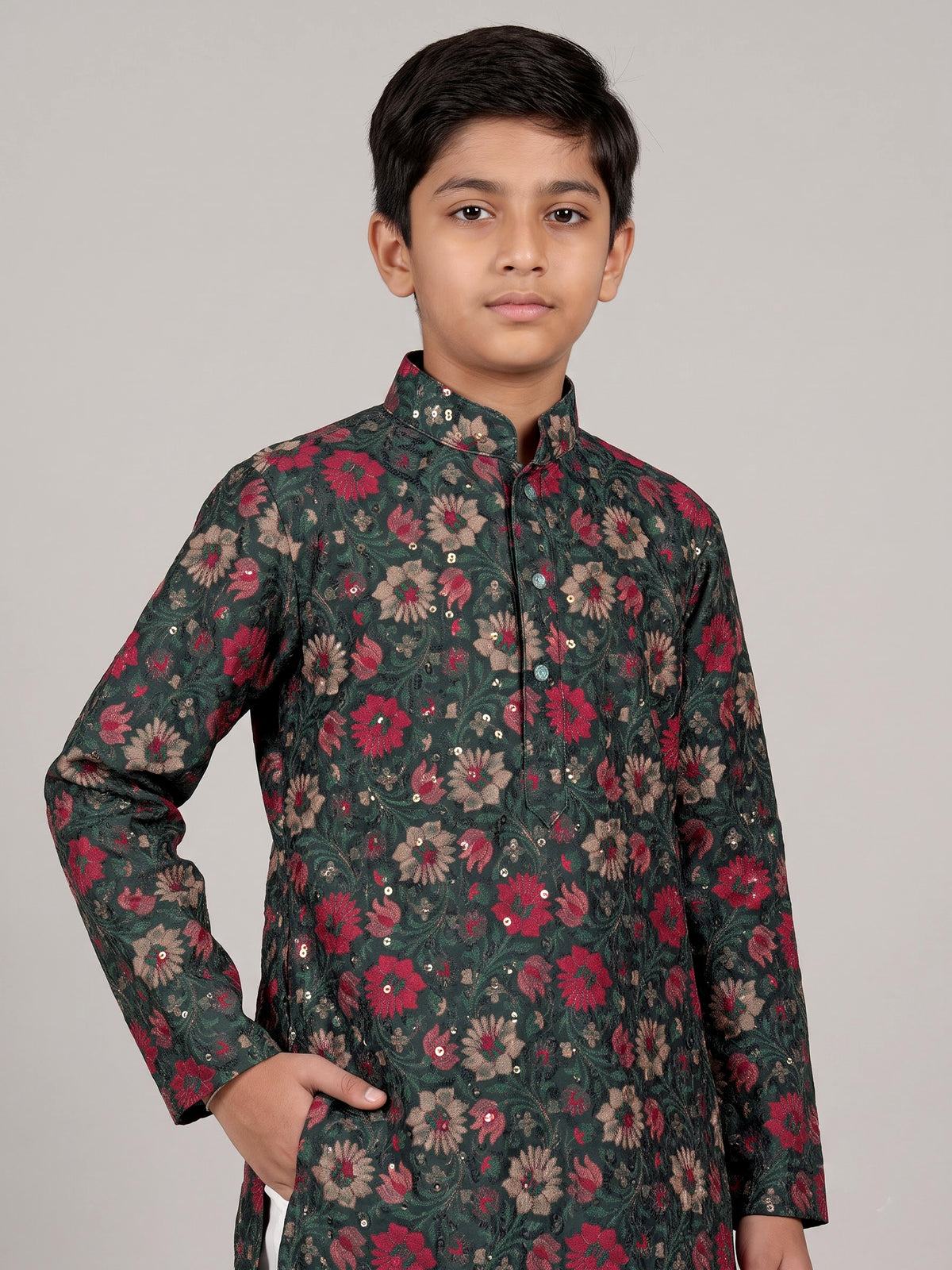 Teal green boys cotton silk kurta suit with floral work