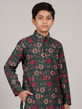 Teal green boys cotton silk kurta suit with floral work