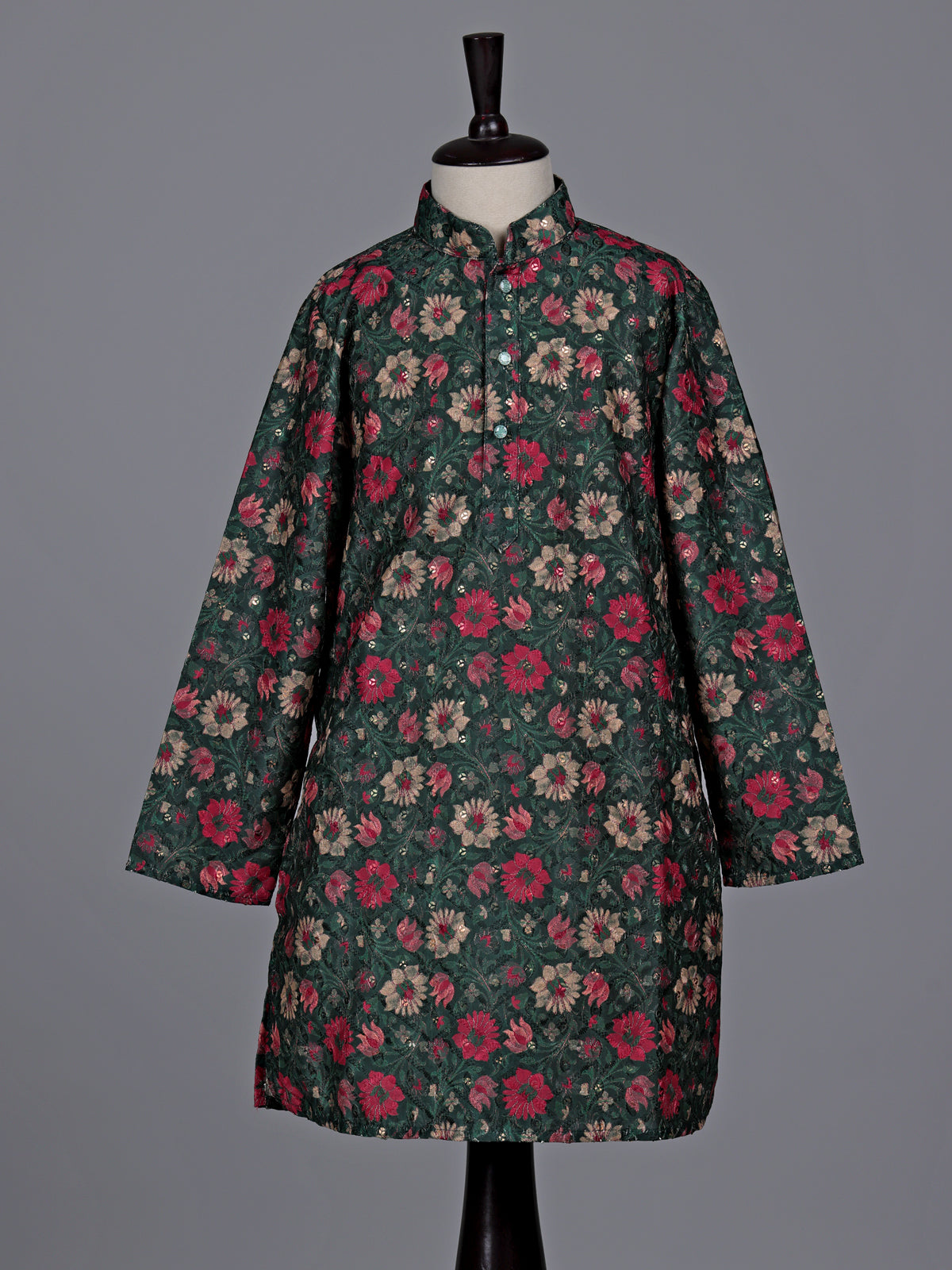 Teal green boys cotton silk kurta suit with floral work