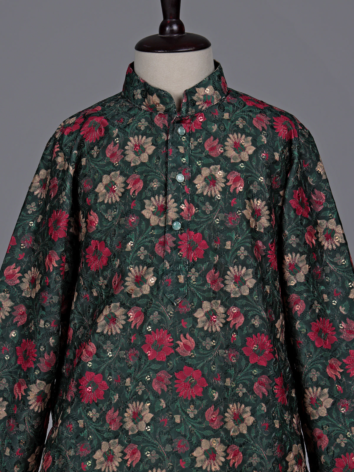 Teal green boys cotton silk kurta suit with floral work