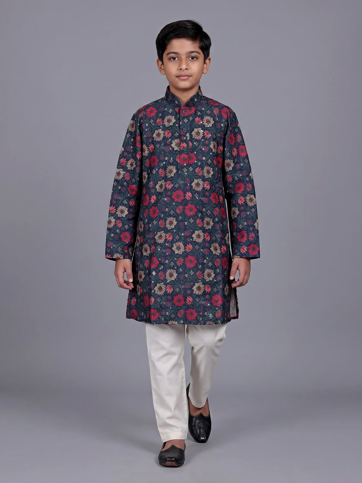 Blue boys cotton silk kurta suit with floral embellishments