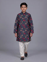 Blue boys cotton silk kurta suit with floral embellishments