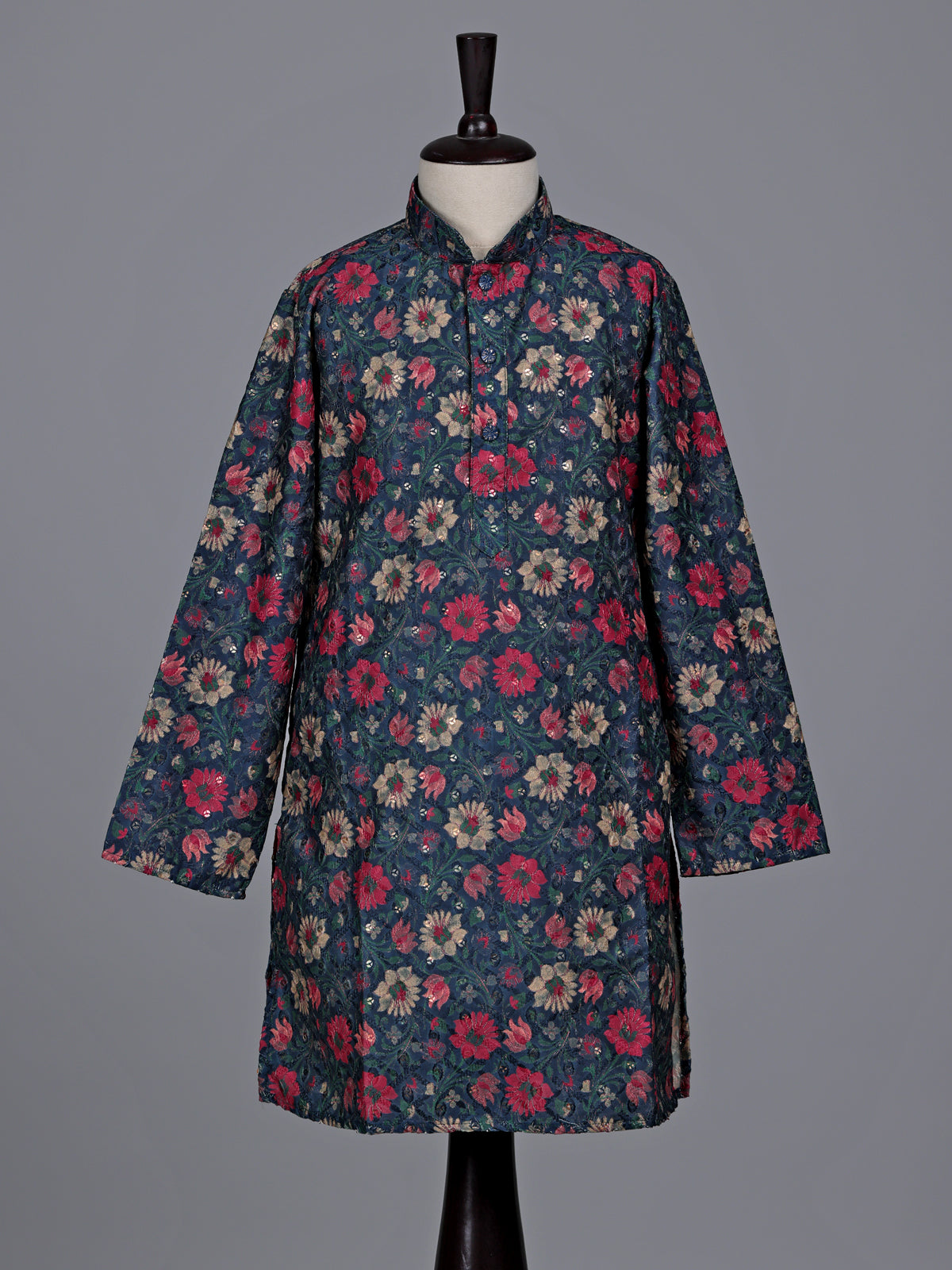 Blue boys cotton silk kurta suit with floral embellishments