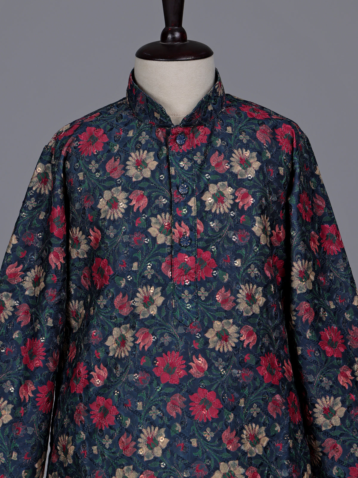 Blue boys cotton silk kurta suit with floral embellishments