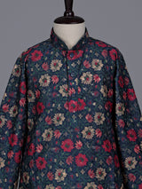 Blue boys cotton silk kurta suit with floral embellishments