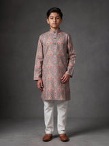 Fawn beige boys linen silk kurta suit with bandhani print