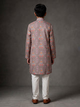 Fawn beige boys linen silk kurta suit with bandhani print