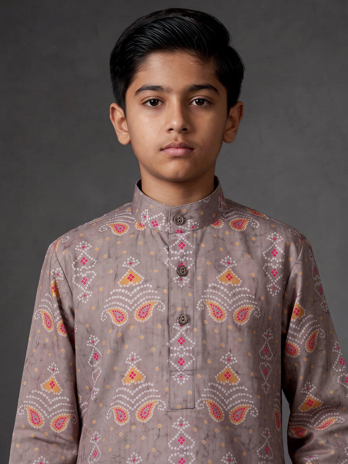 Fawn beige boys linen silk kurta suit with bandhani print