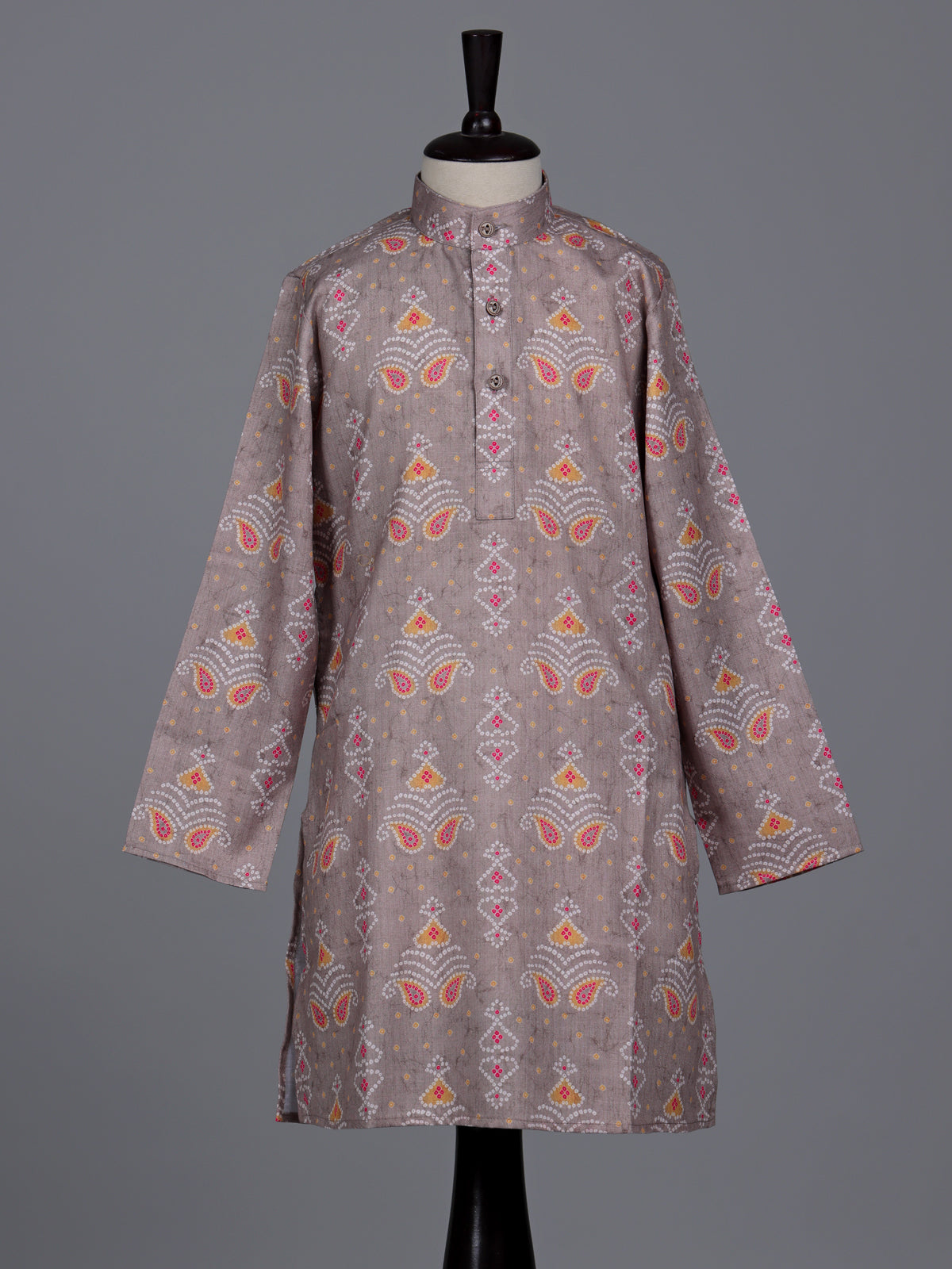 Fawn beige boys linen silk kurta suit with bandhani print