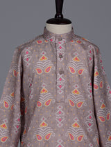 Fawn beige boys linen silk kurta suit with bandhani print
