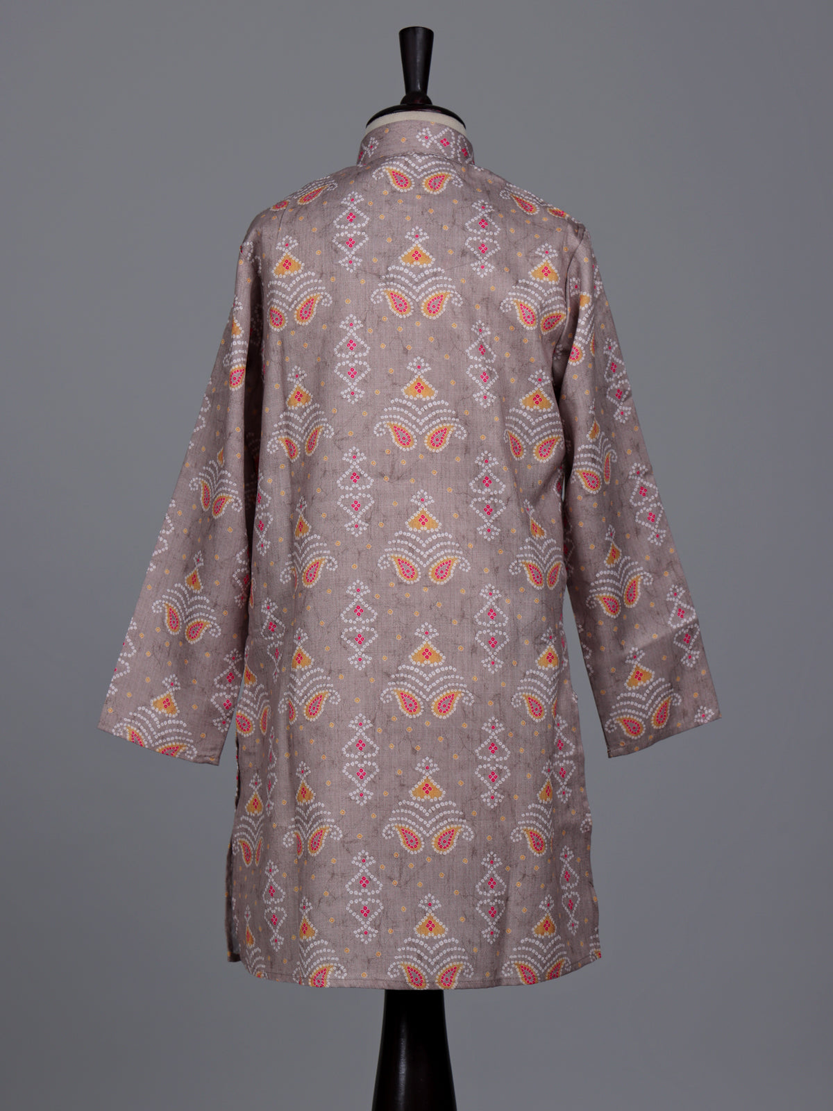 Fawn beige boys linen silk kurta suit with bandhani print