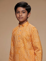 Light orange boys linen kurta suit with bandhani print